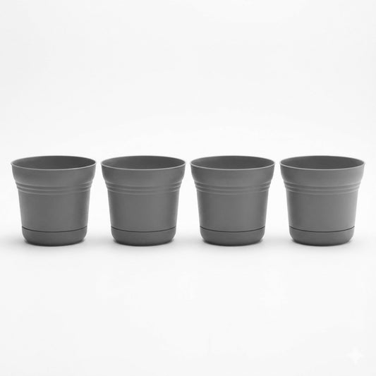 Bloem Saturn 7" Charcoal Round Resin Planter Pot with Snap-in Saucer for Indoor and Outdoor Gardening, 4-Pack