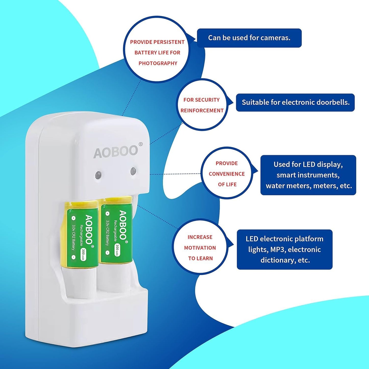 AOBOO Cr2 3V 4pcs 300mah, Rechargeable Batteries Compatible with Switching Robots, Rangefinders, Door Sensors, Film