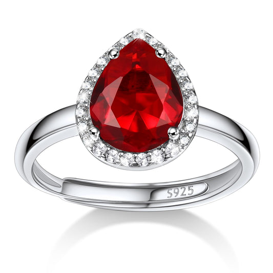 Bestyle 925 Sterling Silver Created Diamond Rings Teardrop Crytsal Rings for Women, 8mm January Granet Birthstone Gemstone Rings Illuminated by 1mm White Cubic Zirconia