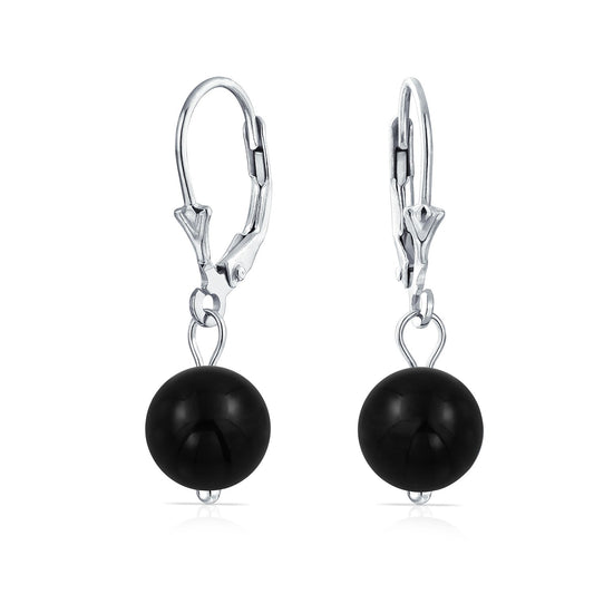 Bling Jewelry Timeless .925 Sterling Silver Black Onyx Bead 8mm Ball Drop Earrings Lever Back Genuine Gemstone