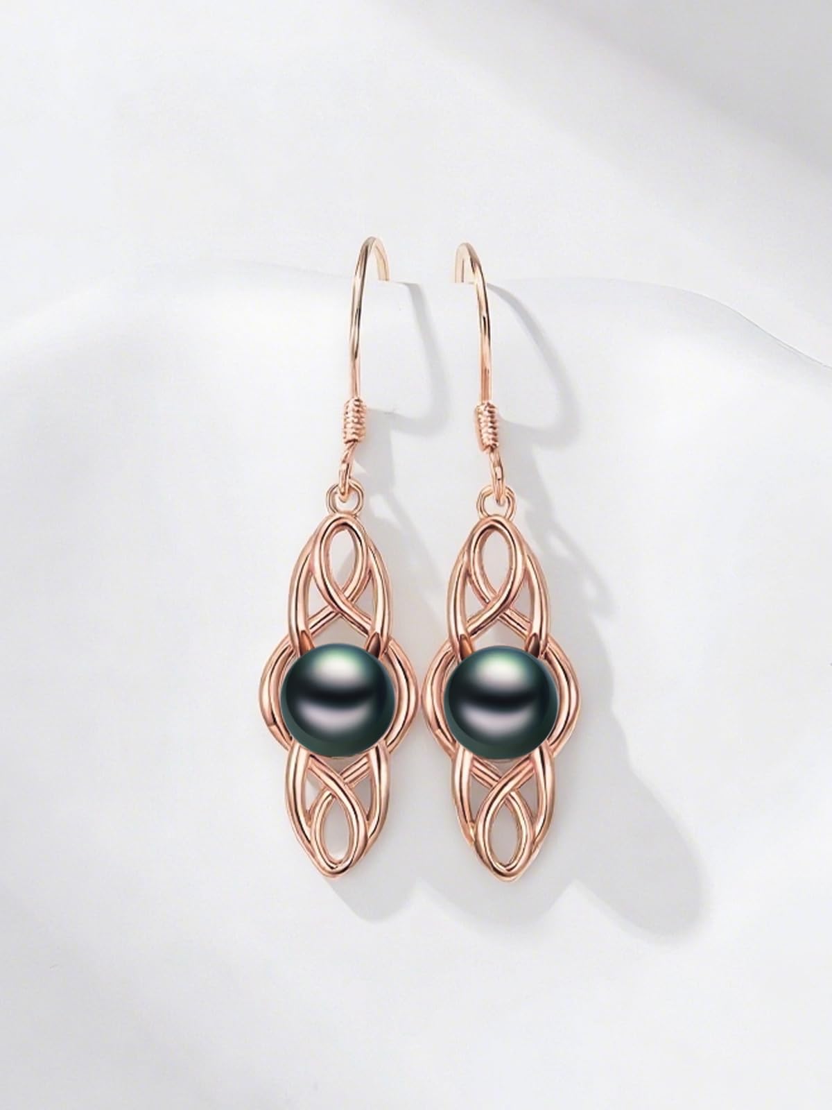 KANNSOAR Tahitian Black Pearl 18K AAAA Rose Gold Plated Sterling Silver Celtic Knot Dangle Drop Earrings for Women Wife Mom Girlfriend Her Jewelry Gift for Anniversary Birthday Christmas