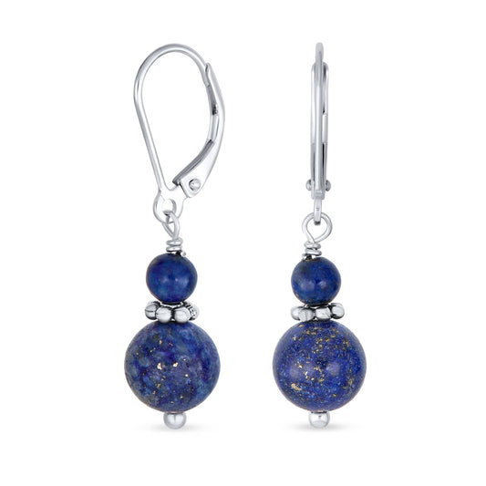 Bling Jewelry Bali Style .925 Sterling Silver Blue Lapis Lazuli Bead 3MM & 8mm Balls Drop Earrings Milgrain Rondel Separator Lever Back Genuine Gemstone