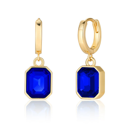 Birthstone Crystal Dangle Drop Earrings, 18K Gold Plated Huggie Hoop Hypoallergenic Earring Jewelry Gifts for Women (Royal Blue)