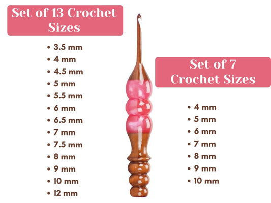 Wooden Crochet Hooks Set for Arthritic Hands | Ergonomic Soft Grip - Resin Mix Indian Rosewood Crochet Hook Set for Crocheting & Knitting (Pink, Set of 7)