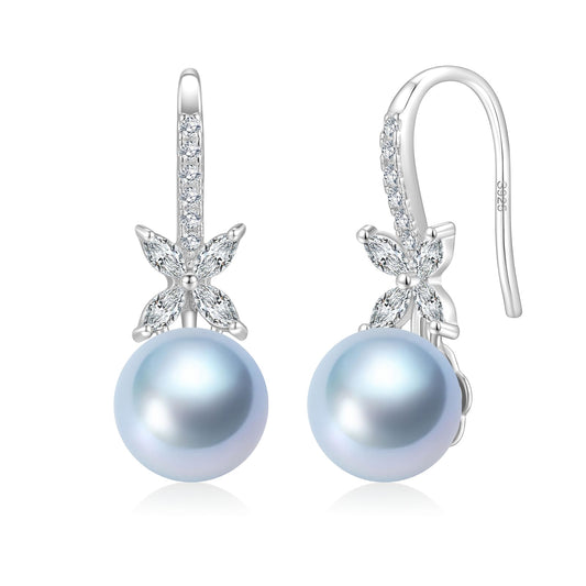 BAMIKI Pearl Drop Earrings for Women - 925 Sterling Silver 18k Gold Plated Hypoallergenic Round Blue Saltwater Cultured Pearls Ear Hook Earrings with Cubic Zirconia Jewelry Gifts for Mother Wife