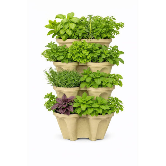 smart spring Large Vertical Planter Tower, 4 Tier Stackable Garden Planter, 28 Plant Sites, Heavy Duty Strawberry Planter, Vertical Growing System with Center Hole, Made in USA (Desert Sand)