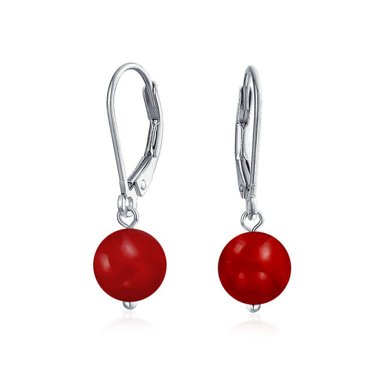 Bling Jewelry Simple Plain Gemstone Dyed Red Natural Coral Ball Round Drop Dangle Earrings For Women Teen .925 Sterling Silver