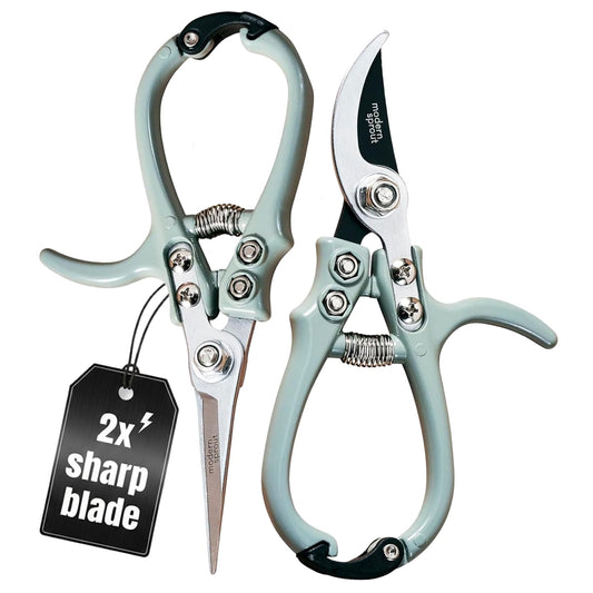 Modern Sprout Hand Pruners & Shears Set with Blister Pack - Lightweight Gardening Tools with Easy Lock - Sharp Carbon Steel Blades -Rust Resistant Scissors for Herbs, Flowers - Sage