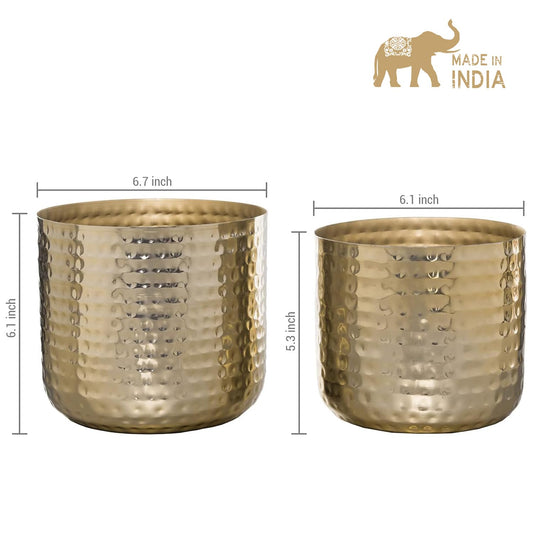 MyGift Modern Hammered Brass Plated Metal Planter Pots – Set of 2 Indoor Plant Containers, 6 & 5-Inch Cylindrical Metallic Planters – Handcrafted in India