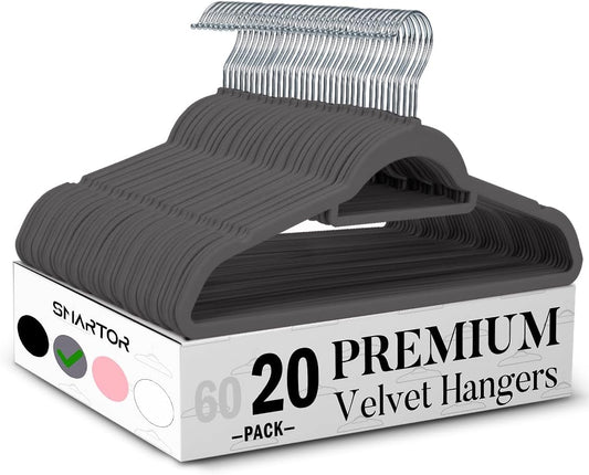 Smartor Velvet Hangers - Space-Saving Non-Slip Clothes Hangers with Tie Bar | 20-Pack in Grey