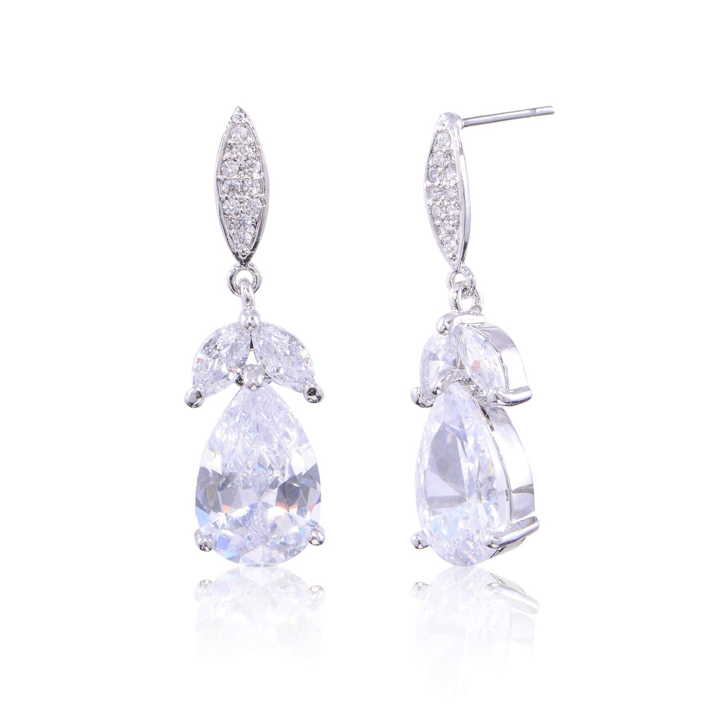 Women's Cubic Zirconia Bridal Earring - Elegant 14k White Gold Plated Teardrop Cluster Floral Leaf CZ Crystal Rhinestone Wedding Bride Bridesmaids Mother of Bride Party Prom