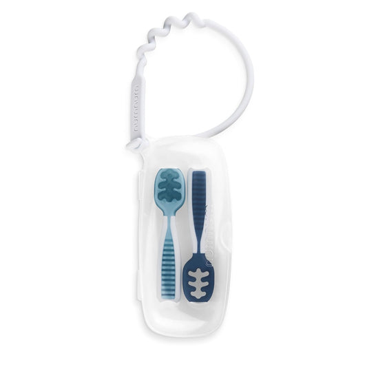 NumNum Baby Spoons Set - Silicone GOOtensils for Baby Led Weaning | Teething Spoon with Travel Case - Blue/Navy