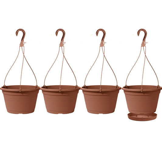 VIDELLY 4 Pcs Hanging Planters for Indoor Plants,10" Large Plastic Hanging Basket with Drainage Trays & Chain Holder for Outdoor Indoor Plants Garden Balcony Decoration, Brown