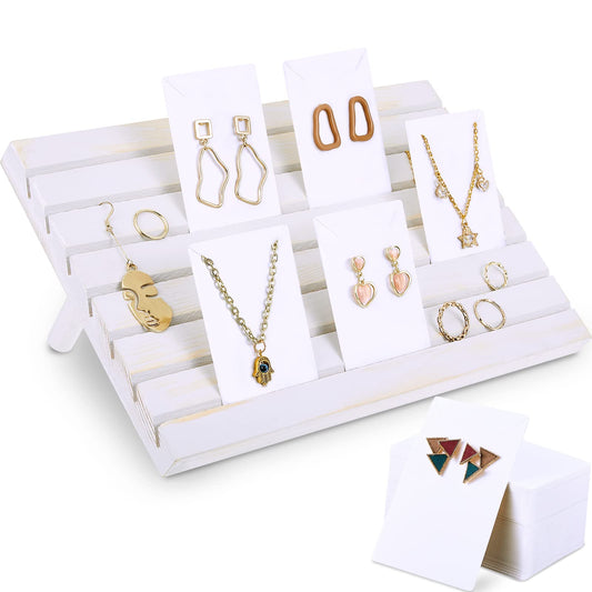 Blulu 31 Pack Wooden Earring Display Stand 7 Slots jewelry Display Holder with Earring Card for Selling Vendors Retail Show(Wash White, White)