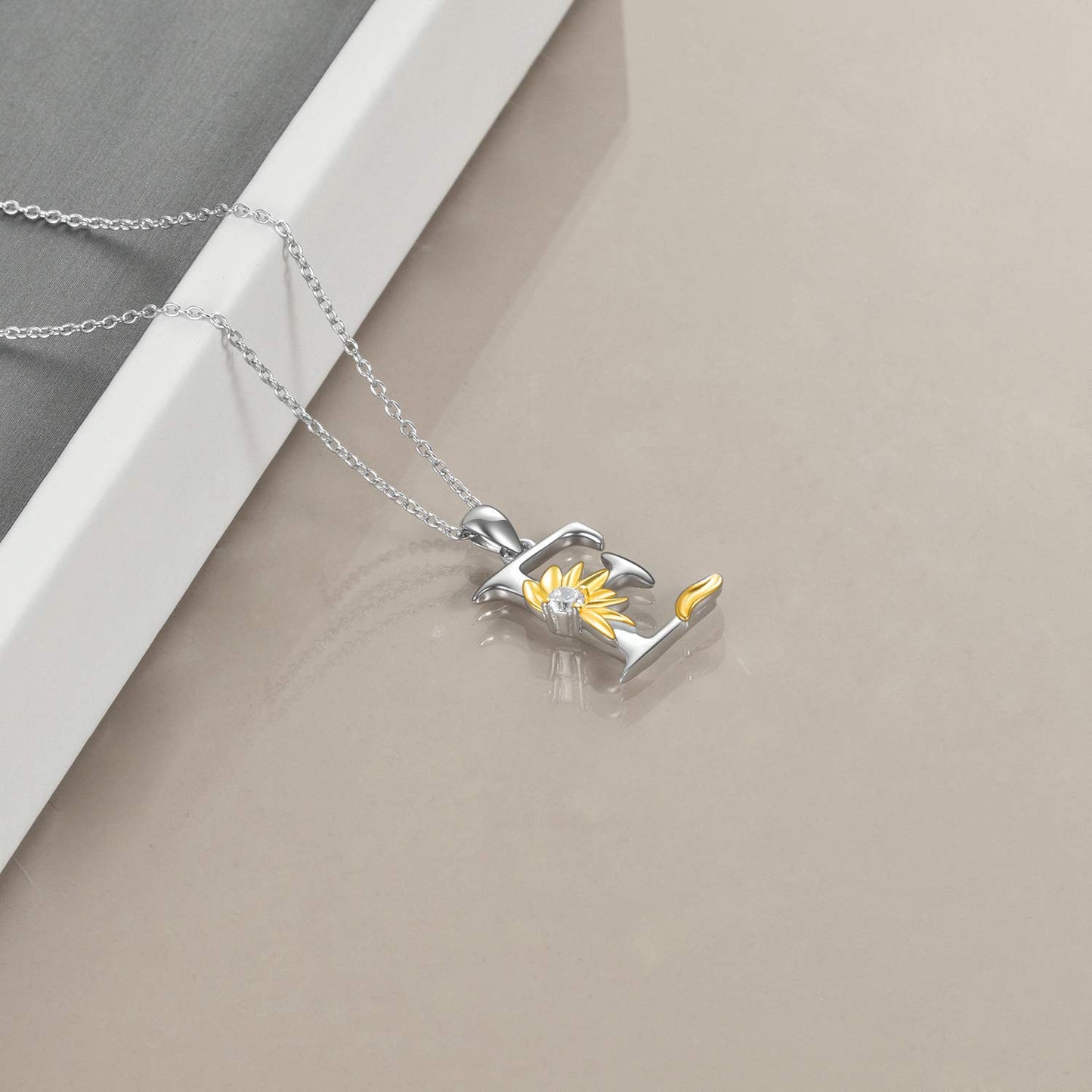 POPLYKE Sterling Silver Initial Alphabet Letter Script Name Pendant Chain Necklace for Women for (Sunflower E)