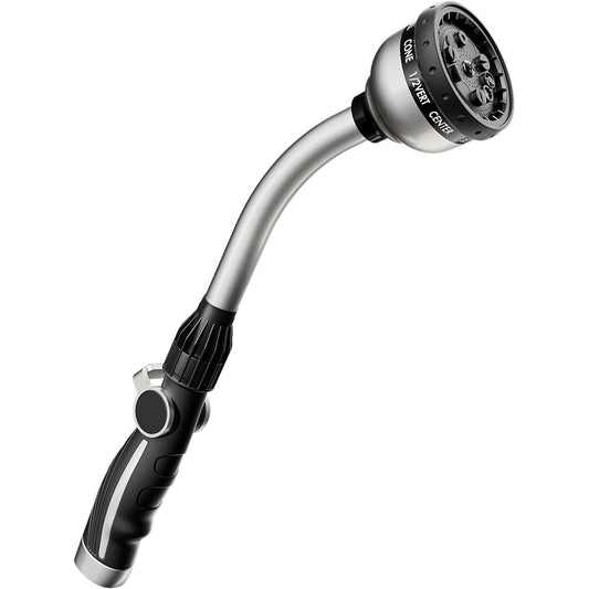 RESTMO Watering Wand Heavy Duty, Metal Garden Hose Wand with Thumb Flow Control, 15-Inch Long Hose Nozzle Sprayer with 10 Spray Patterns, Ideal to Water Hanging Baskets and Shrubs, Silver