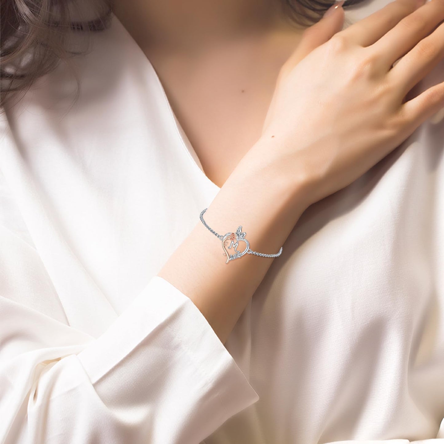 TOUPOP Rose Heart Bracelet for Women Sterling Silver Heart Initial M Letter Bracelet Butterfly Love Jewelry Anniversary Birthday Mothers Day Gifts for Mom Wife Her Girlfriend