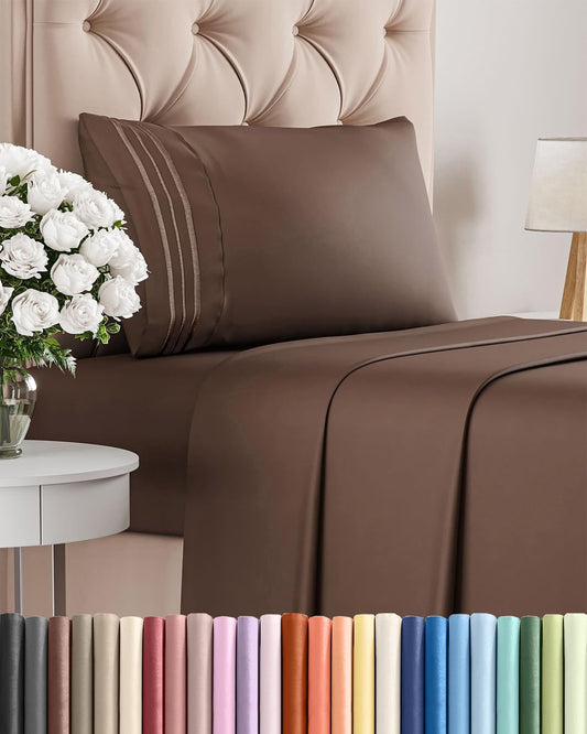 Skiennix Twin Size 3-Piece Sheet Set - Ultra-Soft, Breathable & Cooling Bedding - Deep Pockets, Oeko-Tex Certified - Brown