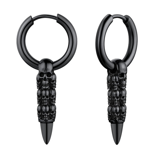 Black Skull Huggie Hoop Earrings Punk Gothic Dangle Skull Bullet Earring for Men Halloween Jewelry
