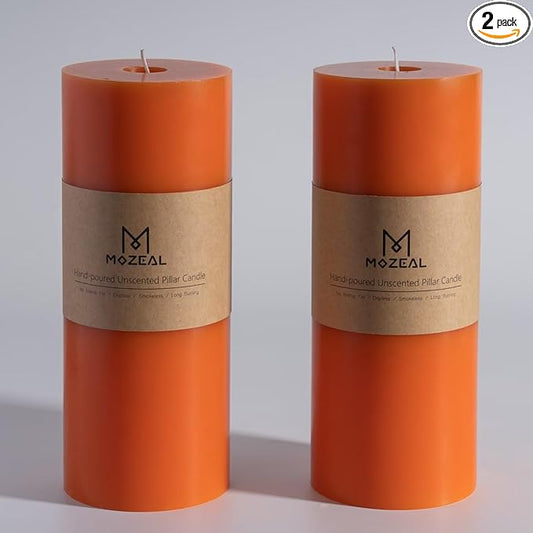 MOZEAL 4" x 10" Extra-Large Orange Pillar Candles (Set of 2), Unscented,Dripless, Smokeless,Long Clean-Burning,These Tall 10 inch Large Orange Pillar Candles Perfect for Halloween and Fall Decor