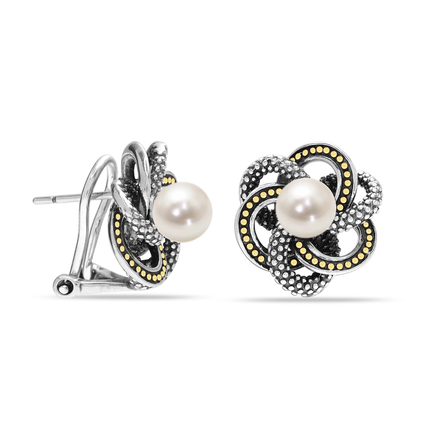 LeCalla 925 Sterling Silver Freshwater Pearl Earrings for Women | Caviar Beaded Pearl Clip-On Omega Back Stud Earring | Two-Tone Love Knot Earrings Gifts for Her 15MM