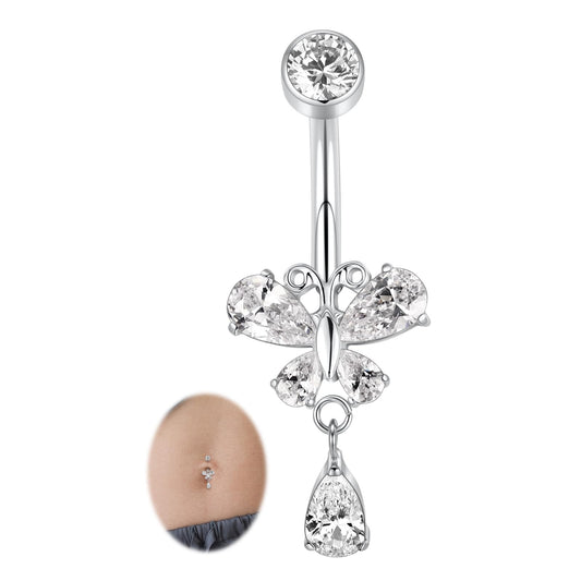 14G Dangle Belly Piercing Internally Threaded Navel Ring Silver Belly Button Ring 10mm for Women Titanium Curved Barbell with Butterfly CZ Navel Belly Bars
