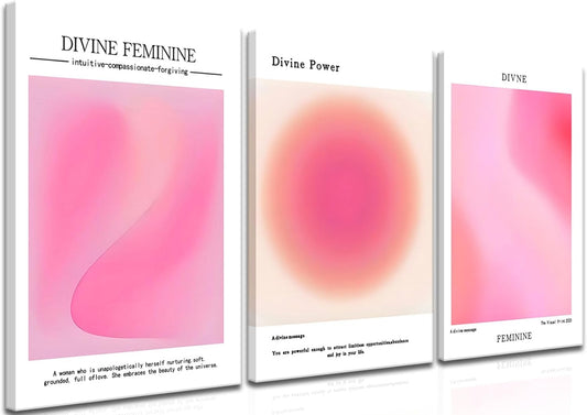 Skiennix Canvas Wall Art Set of 3 - Pink Gradient Aura Angel Posters | Framed 12x16 Inch Decor for Bedroom & Living Room