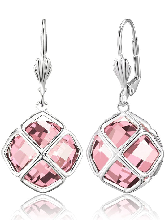 Big Rose Quartz Crystal Dangle Earrings for Women (Oct-Pink-White Gold)