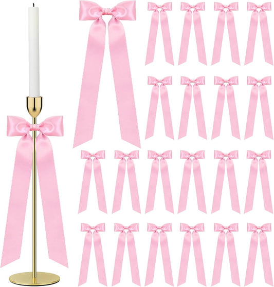 Skiennix 24-Piece Large Pink Candlestick Decoration Bows - Self-Adhesive Gift Wrapping Bows | 13 Inches for Weddings & Parties