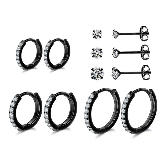Black Hoop Earrings Sterling Silver Stud Earrings for Men Women 6 Pairs Hypoallergenic Tiny Cubic Zirconia Stud Set Cartilage Hoops 8mm 10mm 12mm