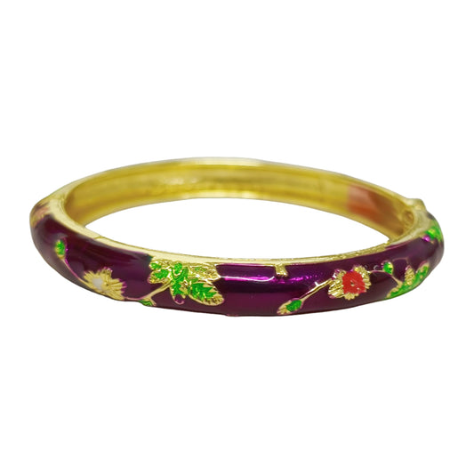 BlingNook Cloisonne Bracelet For Women, Chunky Bangle Trendy Cute Flower Enamel Bangles Multi Tone Engraved Cuff Gold Plated Bracelets Stackable Wife Jewelry Friendship Gift (Dark Purple, One Size)