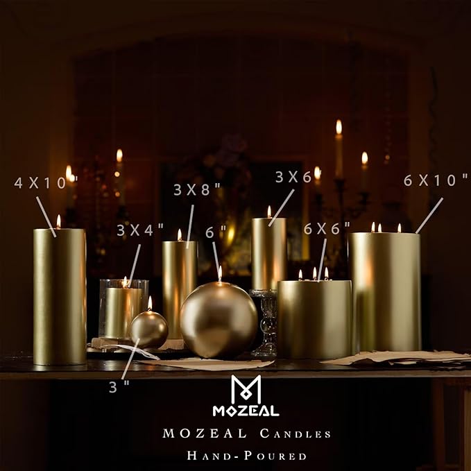 MOZEAL 3" x 6" Hand-Poured Unscented Candle,Dripless Pillar Candle Set of 3,Long Lasting Burning,Approx 120 Hours Burn Time,Rustic Country Style,for Wedding,Dinner,Christmas and Home Decor,Gold