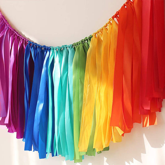 Binpeng Ribbon Garlands Handmade Garland Hanging Decorations Preassembled Ribbon Tassel Garland Fabric Shabby Chic Banner for Wedding Baby Shower (Rainbow Tassel 7 Colors 40 x14in)