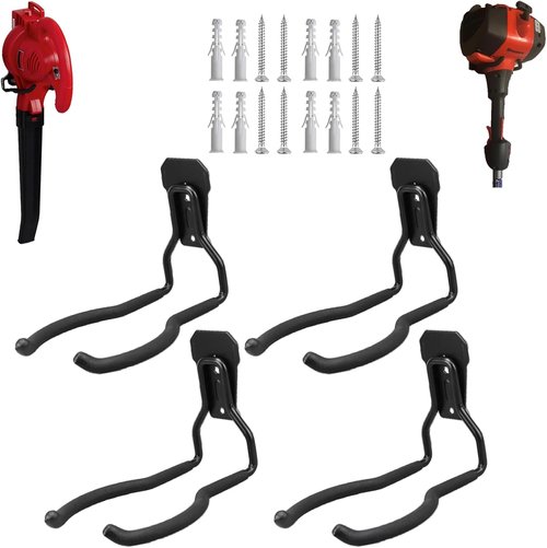 Juformin Weedeater Hanger - String Trimmer Rack for Garage Wall | 4 Durable Utility Hooks in Black