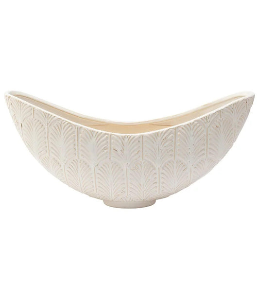 Napco Embossed Floral Leaf Wide Boat 15 x 7.5 x 5 inches Distressed White Ceramic Flower Succulent Plant Pot Planter Container Holder, Indoor Outdoor Garden Décor