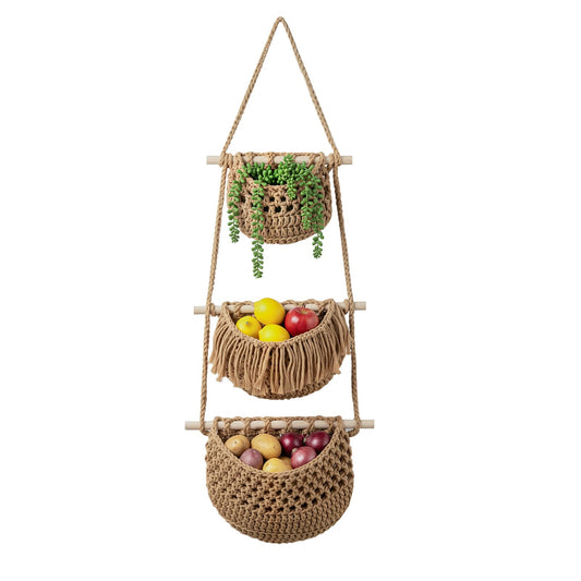 SFSSCDF 3 Tier Hanging Fruit Basket for Kitchen, Macrame Produce Hammock for Potato and Onion Storage, Handwoven Cotton Rope Wall Hanging Vegetable Baskets, Boho Kitchen Decor & Space Saver