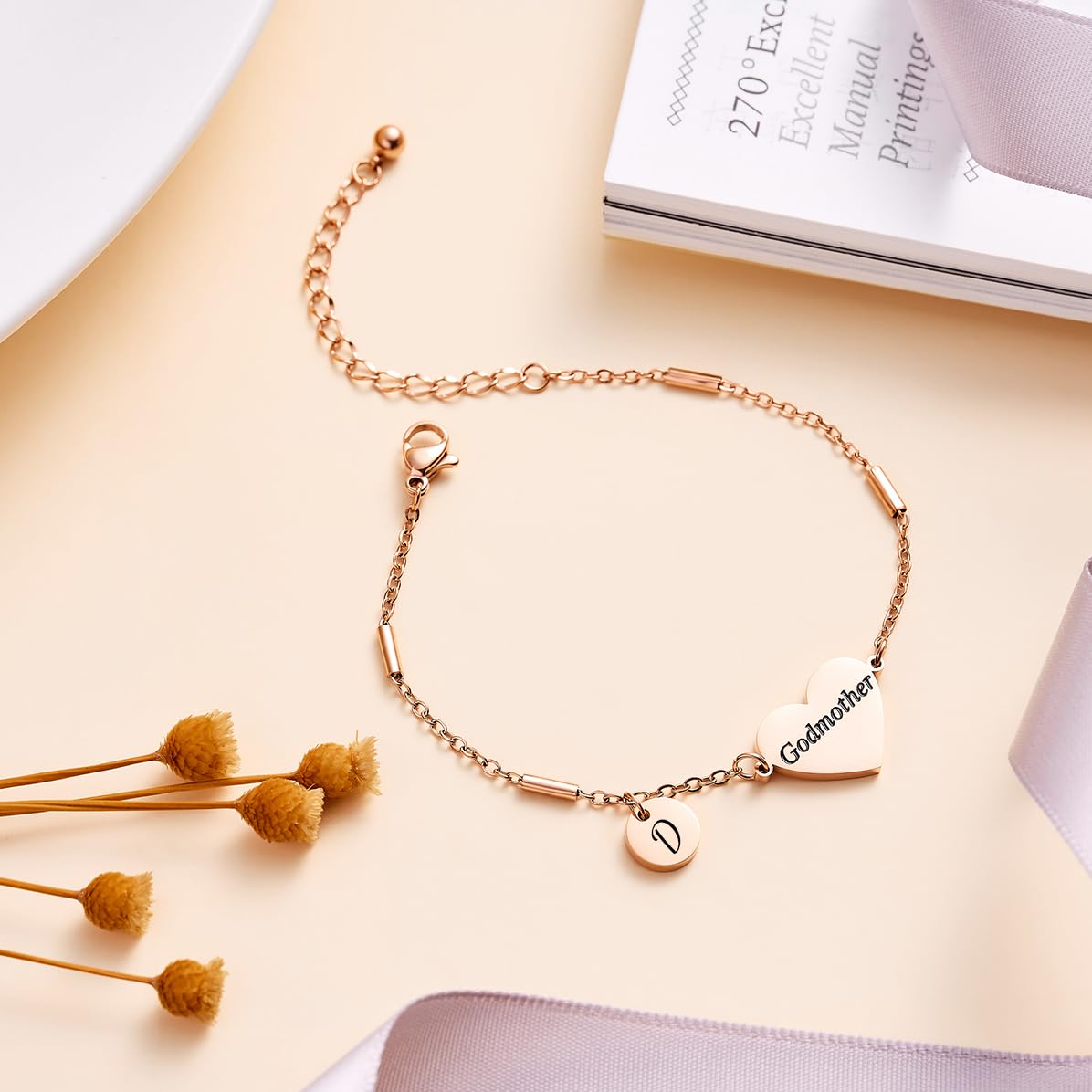 CHENVA Godmother Gifts Initial Bracelet Bangle for Women Gift for Godmother from Goddaughter (Godmother Bracelet-D-Rose Gold)