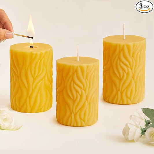 Crenovo Natural Beeswax Pillar Candles 3 Pack, 100% Pure Beeswax Candles Bulk with 180 Hours Burn Time, Organic Bees Wax Candles for Home, Party, Prayer, Non-Toxic Dripless Smokeless 2.8x4 Inch