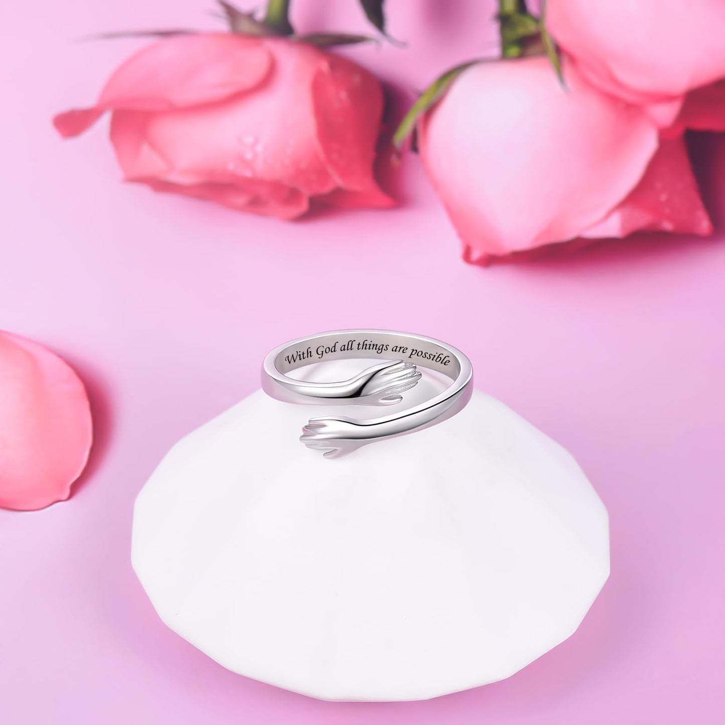 ACJFA S925 Sterling Silver Hug Ring for Women Adjustable Thumb Ring Birthday Gifts (With God all things are possible)