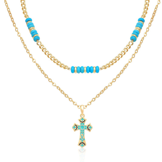 Bohemian Layered Turquoise Beaded Cross Necklace for Women, Turquoise Stone Beads Green Enamel Cross Pendant Necklace with Vintage Pattern Adjustable Gold Chain Boho Summer Beach Religion Jewelry Gift