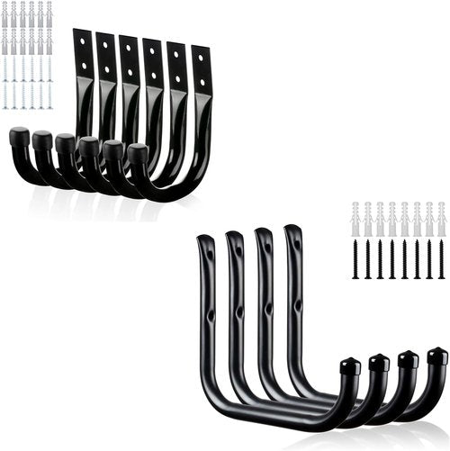 KURUI Heavy Duty Garage Hooks - 6Pcs 3.5" & 4Pcs 8" Ladder Hooks for Tools & Cords | Black Wall Mount