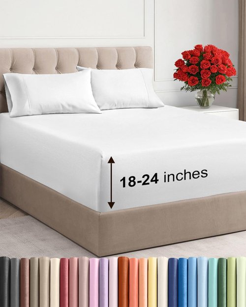 Extra Deep Queen Sheet Set - 4 Piece Breathable Cooling Bed Sheets - Fits 18-24 Inch Mattresses - Ultra Soft, Wrinkle-Free Luxury Bedding - White