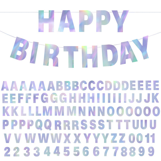 112 Pcs DIY Letter Banner Custom Birthday Banner Glitter Letters Include 107 Letters Numbers 4 Rope and 1 Needle for Baby Shower Wedding Birthday Party Decorations Supplies (Holographic)
