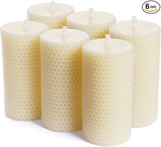 Pure Natural Beeswax Pillar Candles Bulk - Pack of 6 - Honeycomb Surface, No Scent- for Emergency/Prayer/Relax (2inch Diameter, 4 inch Tall - Off White)