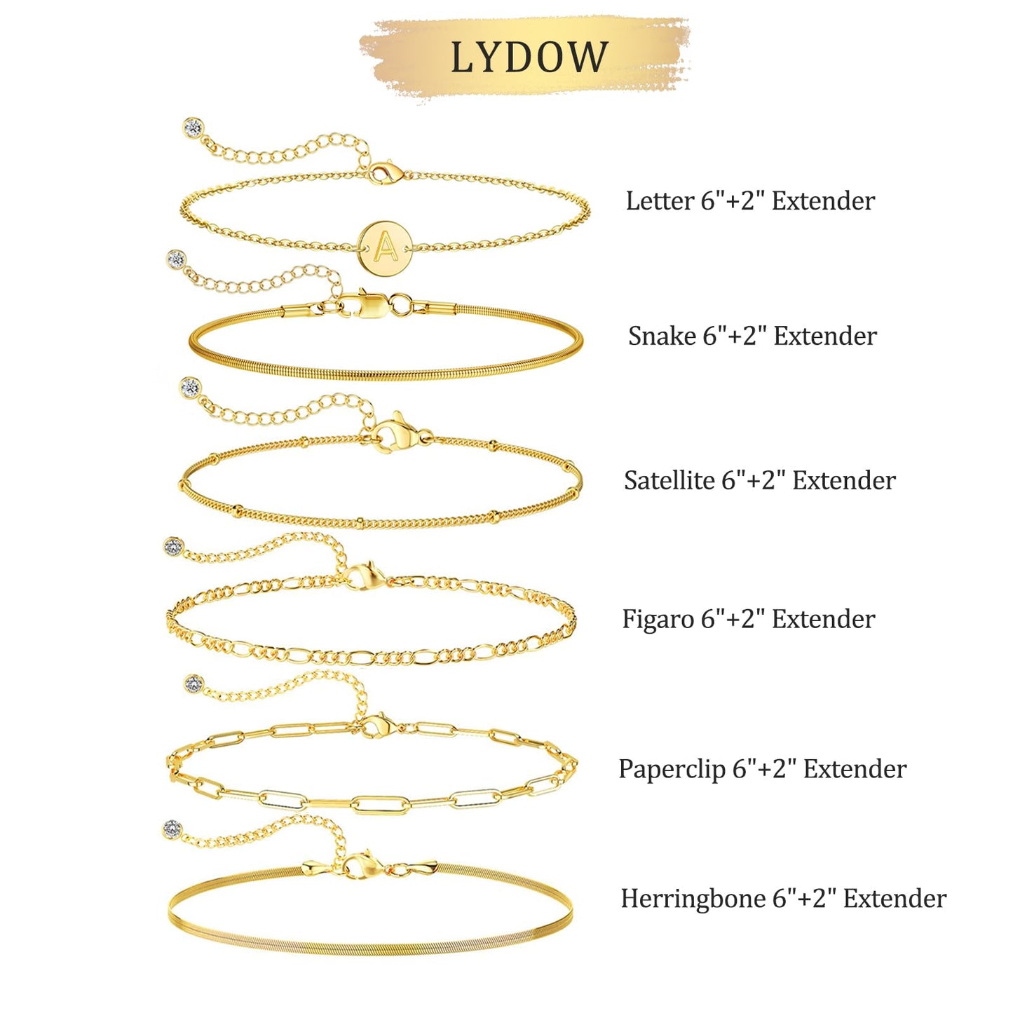 Lydow Bracelets for Women, Stack Jewelry Set Initial A Chain Stackable Letter Teen Accessories Pulseras Para Mujer 6 Inch 6PCS Valentine's Gifts Jewelry