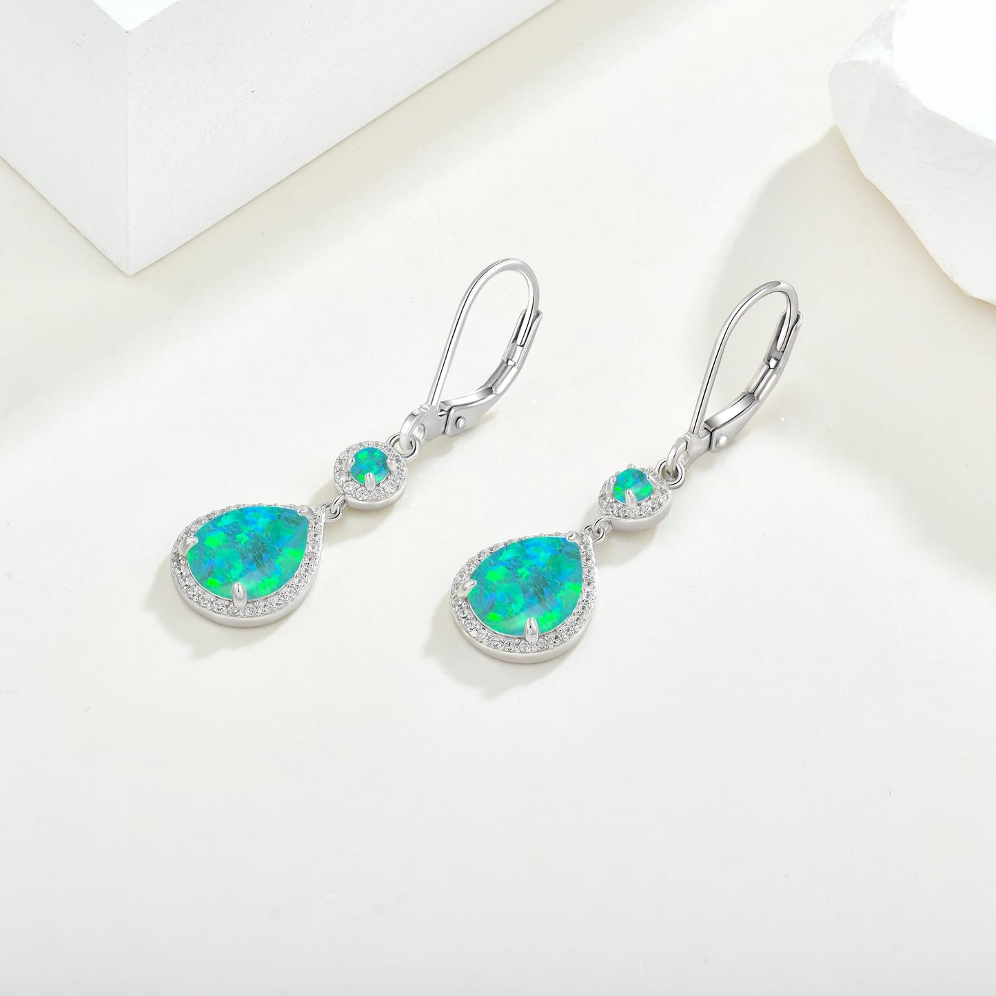 FYNSBLE Green Opal Earrings for Women Sterling Silver Dangle Drop Leverback Earrings Hypoallergenic Jewelry for Women