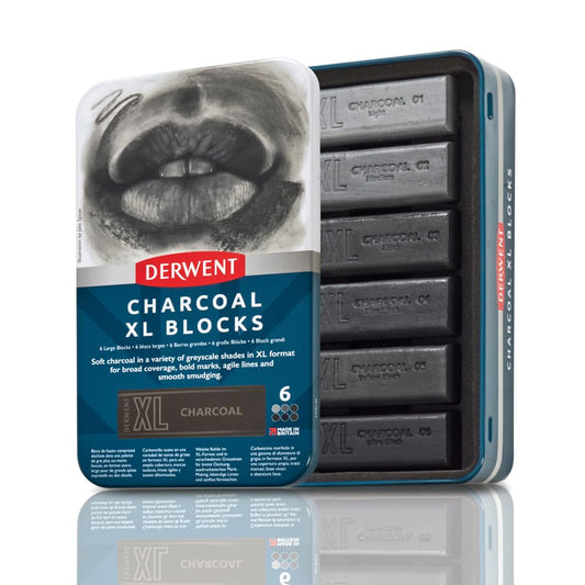 Derwent Charcoal XL Blocks 6 Tin, Set of 6, 60mm Extra-Large Block, Naturally Water-soluble, Ideal for Sketching, Drawing and Expressive Mark Making, Professional Quality (2306196)