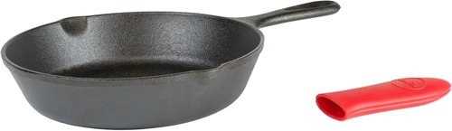 Lodge Cast Iron Skillet - 8-Inch with Red Mini Silicone Hot Handle Holder for Safe Cooking