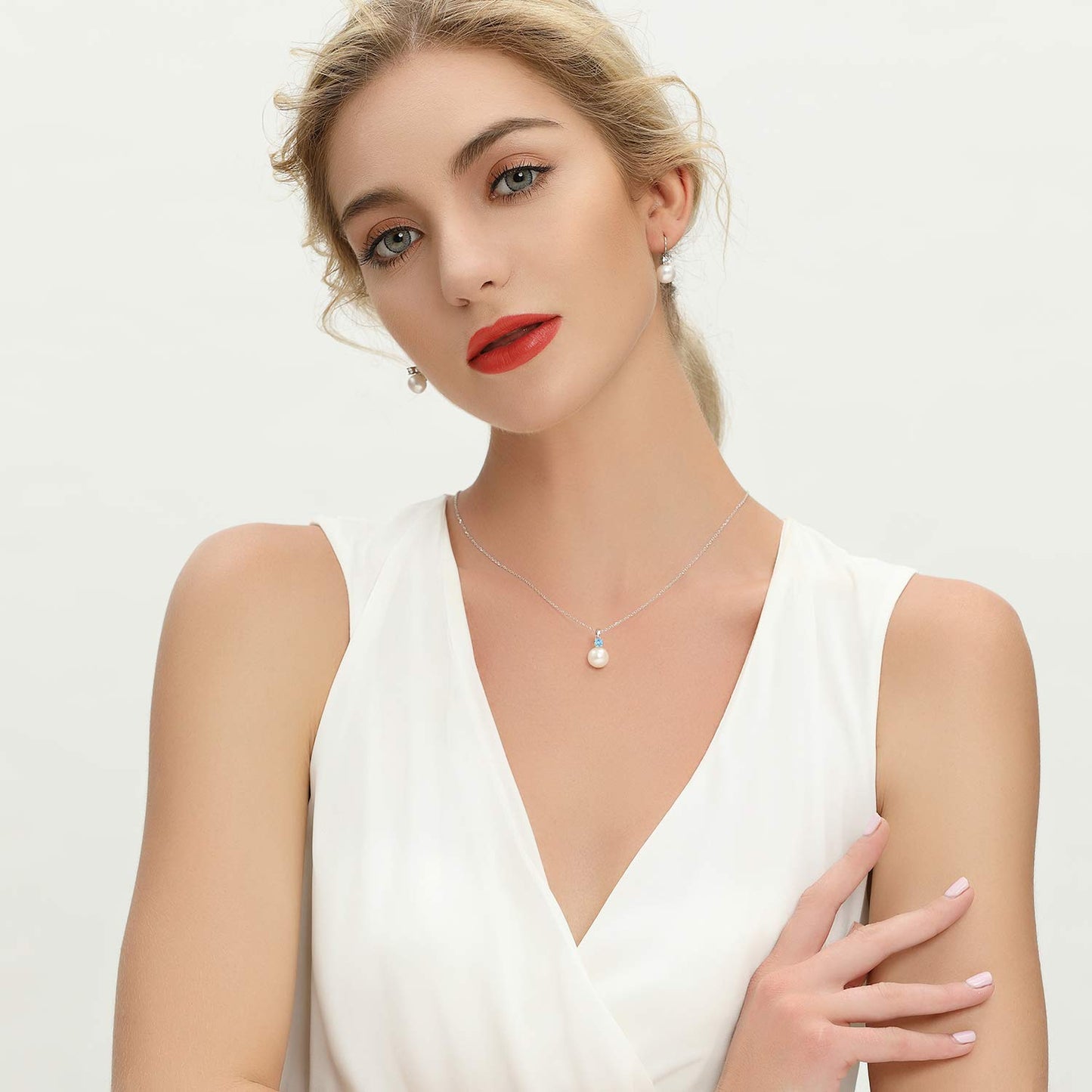 JO WISDOM Women Necklace,925 Sterling Silver Cubic Zirconia 10mm White Freshwater Pearl Pendant Necklace,March Birthstone Aquamarine Color