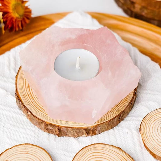 Natural Rose Quartz Candle Holder - Unique Handcrafted Design,Fits Standard Tealights, Creates a Cozy Romantic Ambiance and Energy